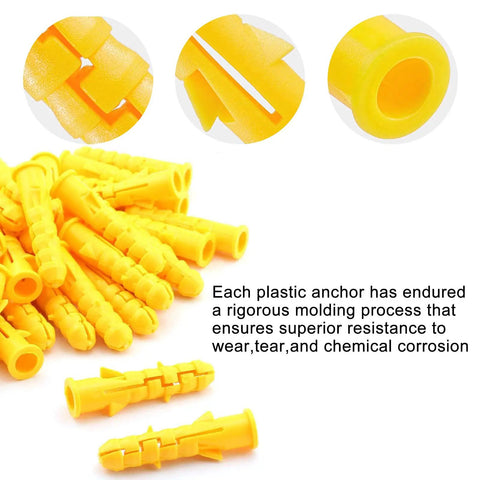 230 Piece Drywall Anchors And Screws Kit With Plastic Wall Plugs in yellow color, shown with durable molding details.