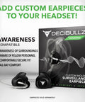Decibullz custom molded surveillance earpieces with awareness feature, black earpiece shown next to packaging box