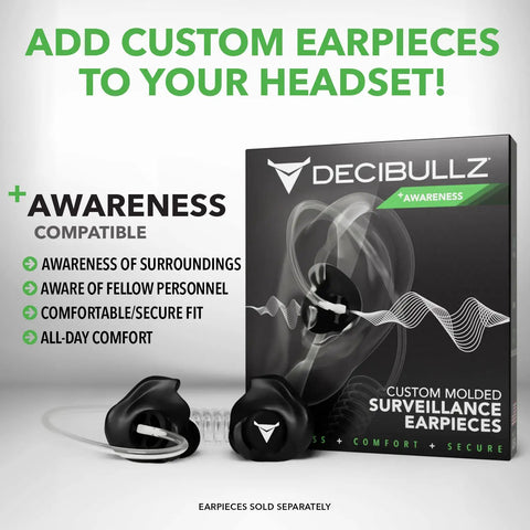 Decibullz custom molded surveillance earpieces with awareness feature, black earpiece shown next to packaging box