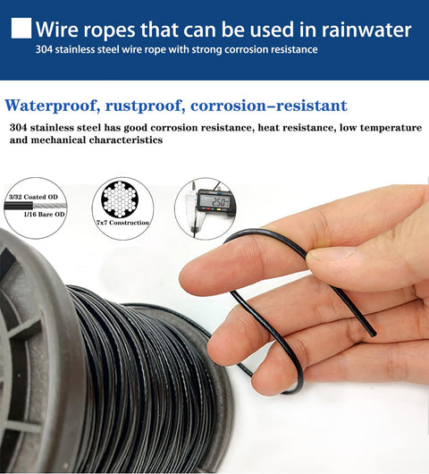 164ft Outdoor String Light Hanging Kit With Heavy Duty Black Vinyl Coated Stainless Steel Wire Rope shown on spool and hand