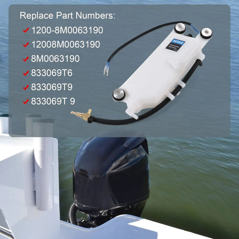 Oil Reservoir Tank Assembly 1200-8M0063190 Replacement For Outboard Marine Engines on boat with water background