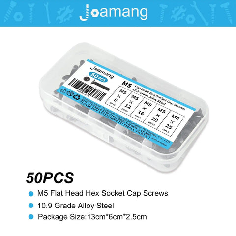 Plastic case of Beefy Heavy Duty M5 Flat Head Hex Socket Cap Screws Set 8 12 16 20 25 mm Lengths 0.8 Pitch 50Pcs