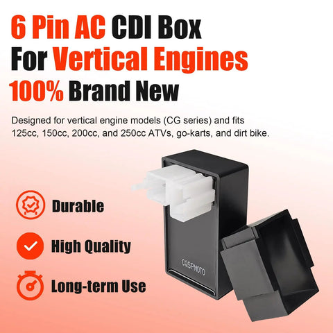 Front view of black 6 Pin AC CDI Box For CG Series 125cc 150cc 200cc 250cc Vertical Engine Scooters, highlighting features.