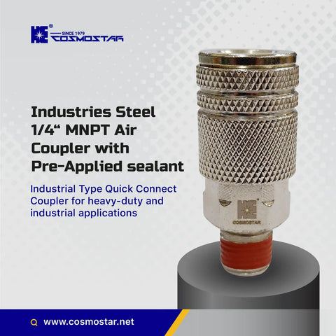 Sturdy Steel Air Coupler One Fourth Inch Flow Size NPT Male Thread Quick Connect With Pre Applied Sealant
