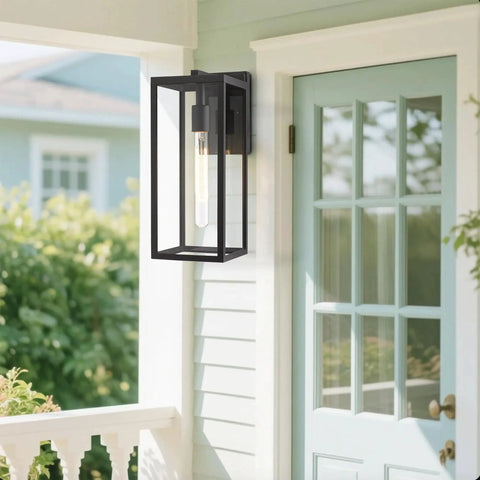 Rust-Resistant Outdoor Wall Lantern With Clear Glass, 13.4-Inch Tall Porch Light mounted beside a light blue door