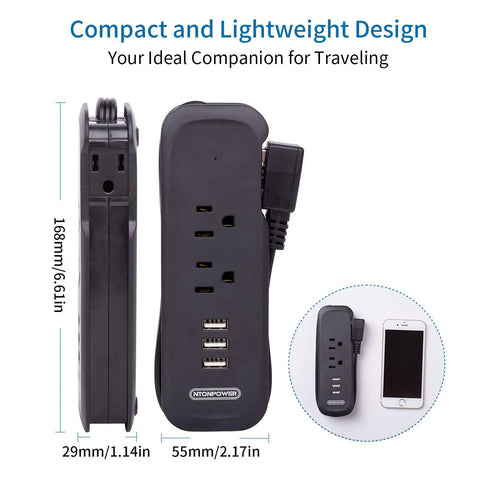 Two Pack USB Power Strip With 2 Outlets And 3 USB Ports, flat plug, compact size, shown next to smartphone for scale