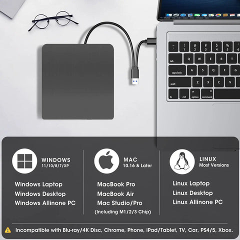 External CD DVD Drive For Laptop And Mac With Case USB 3 Type-C Plug And Play For Reading Burning And Watching CDs And DVDs On The Go Wide Compatibility Compact Portable Design with USB cable connected to MacBook