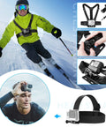 All In One Action Camera Accessory Kit For GoPro And Other Models With Chest Harness and Head Strap on skier and cyclist