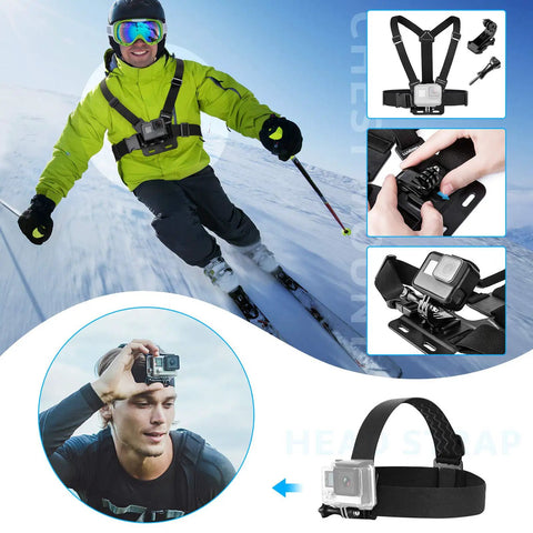 All In One Action Camera Accessory Kit For GoPro And Other Models With Chest Harness and Head Strap on skier and cyclist