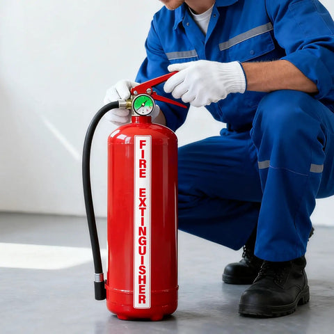 Person using a red fire extinguisher, demonstrating safety equipment handling.
