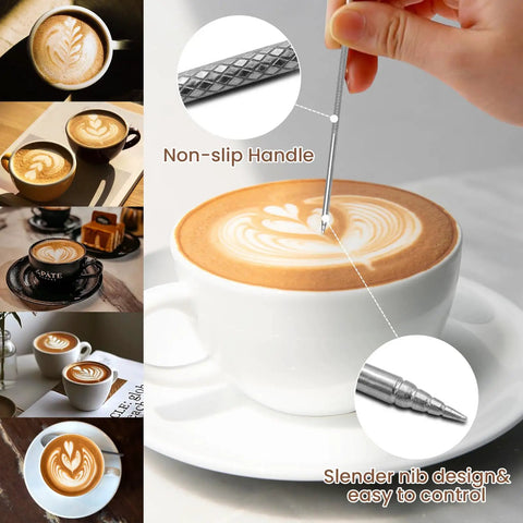 Barista Grade 12oz 350ml Milk Frother Cup With Scale In 304 Stainless Steel Pro Style Pour Spout For Latte Art And Cappuccino Easy Pour Milk Pitcher For Espresso Machines Includes Art Pen, showing latte art in a white cup, art pen in use.