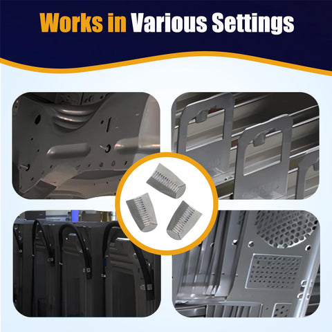 Collage showing metal equipment and 6 Pack Machined Jaws Replacement Kit For 2550-20 Rivet Tool, 12V Riveter Replacement Parts