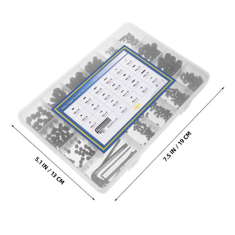 Homoyoyo Steel Set Screw Assortment Kit With Wrenches Includes 22 Sizes M2 To M8 Black Internal Drive Machine Screws in storage case.