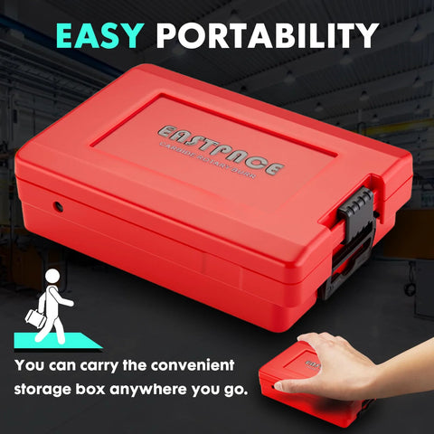 Angled view of red Eastpace portable storage box for tungsten carbide burr set with latch