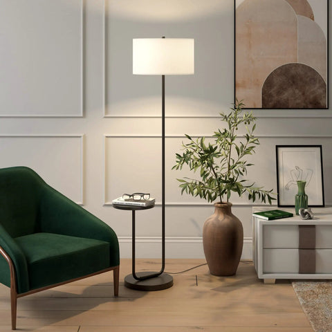 Tray Table Floor Lamp With White Drum Fabric Shade In Blackened Bronze Finish 65 Inches Tall Modern Sleek Lighting For Living Room Or Office