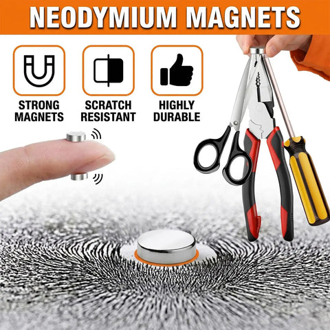 Neodymium magnet lifting metal tools with magnetic field pattern