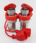 Two 1/2-inch NPT hydraulic quick-connect couplers with red dust caps and silver metal bodies (front view).