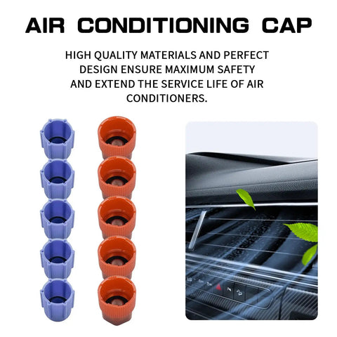10Pcs A C System Valve Cap Set for R134a Vehicles, blue low-side and red high-side caps, dashboard graphic on right