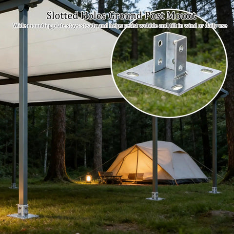 8 Pack 1 5/8 Inch Square Strut Channel Post Bases With U Shaped Floor Mount in campsite setup view