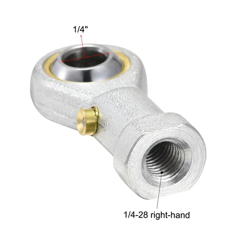 Two Pack One Quarter Inch Rod End Bearings With Pre Lubricated 28 TPI Right Hand Female Thread, 13 Degree Misalignment, Spherical Steel Body, Hardened Ball, Beefy Yet Precise, 7.7 kN Static And 4.5 kN Dynamic Load Capacity. 1/4" 1/4-28 right-hand rod end bearing