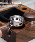 Top Shelf Natural Walnut Espresso Knock Box And Tamp Station, removable stainless steel holder with portafilter in use.