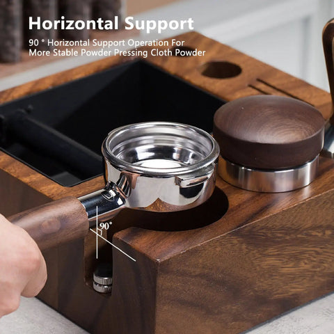 Top Shelf Natural Walnut Espresso Knock Box And Tamp Station, removable stainless steel holder with portafilter in use.