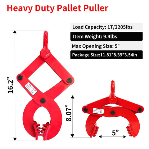 Beefy 1 Ton Pallet Puller Clamp With 5 Inch Opening, Heavy Duty red steel hoist clamp shown front and side view