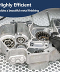 Aluminum engine block with visible bearing races and a gloved hand inspecting inside.