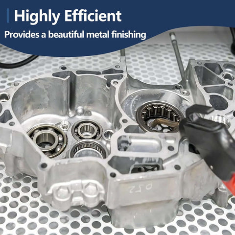 Aluminum engine block with visible bearing races and a gloved hand inspecting inside.