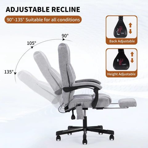 Massage Office Chair With Foot Rest And Heat High Back Six Vibration Points showing adjustable recline positions up to 135°