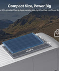ShadowFlux 200W Anti Shading Solar Panel for 12V 24V Systems on RV roof with dimensions and weight displayed
