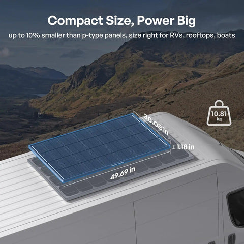 ShadowFlux 200W Anti Shading Solar Panel for 12V 24V Systems on RV roof with dimensions and weight displayed