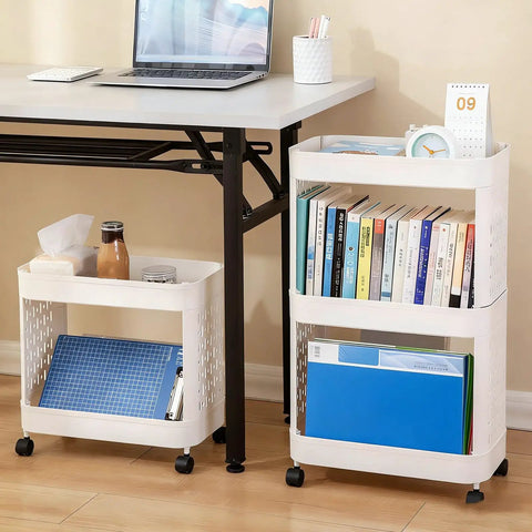 Hella Roomy Rolling Storage Organizer Cart With Smooth Plastic Shelves And Sturdy Rubber Wheels Sweet Beige Utility Shelf Rack with books and supplies