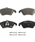 Front Disc Brake Pad Set Premium Ceramic For Mercedes Benz E350 with five shim layers and bolts shown from top and side views.