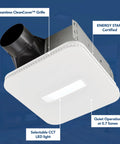 CleanCover Bath Fan With 80 CFM Exhaust, Ultra Quiet 0.7 Sone, Energy Star Certified shown at a slight angle with light on