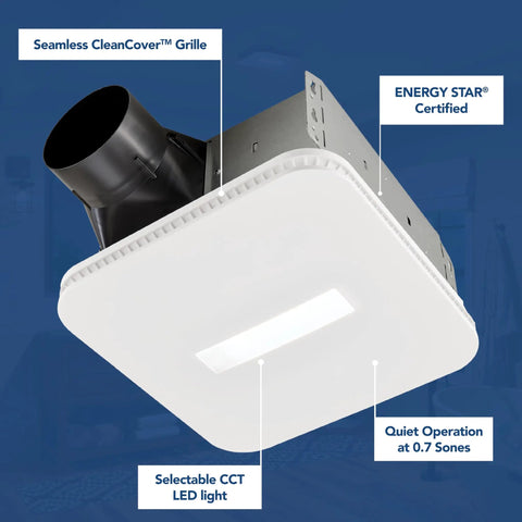CleanCover Bath Fan With 80 CFM Exhaust, Ultra Quiet 0.7 Sone, Energy Star Certified shown at a slight angle with light on