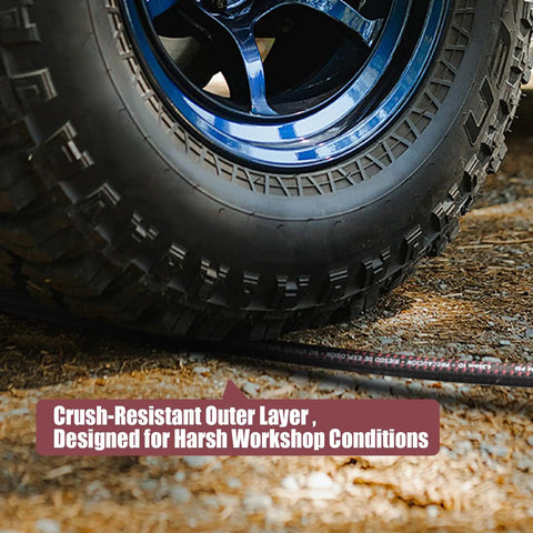 Beefy Heavy Duty Hybrid Air Hose For Industrial Compressors One Quarter Inch By Twenty Five Foot 600 PSI under tire outdoors