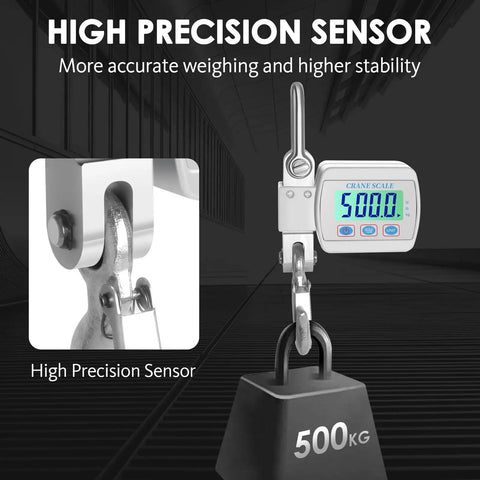 Heavy Duty Digital Crane Scale 1100 Lbs Capacity For Serious Hanging Tasks Backlit Lcd Readout with high precision sensor.