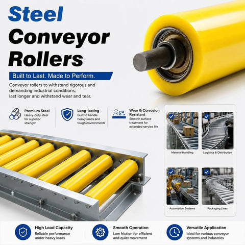10 Pack Woodworking Feed Table Rollers For Smooth Easy Movement Universal Replacement Conveyor Rollers With Customizable Lengths Fits 35mm 50mm 60mm Diameters PVC Compatible Durable Pro Grade Build For Busy Shops, yellow steel conveyor rollers