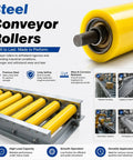 Ten Piece Woodworking Feed Table Rollers Deliver Super Slick Motion For Worry Free Material Handling On Table Saws And Router Tables Offering Totally Adjustable Universal Mounts To Amp Up Any Serious Shop Workflow Project, yellow rollers on steel.