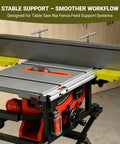 Ridiculously Smooth Table Saw Rip Fence Feed Supports For Xtender Fences with yellow extension arms for enhanced stability.