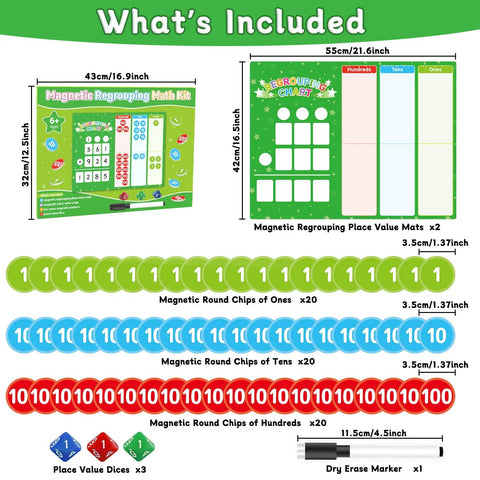 Regrouping Base Ten Place Value Math Kit with 66 pieces, magnetic grids, chips, dice, and dry erase markers for classroom use