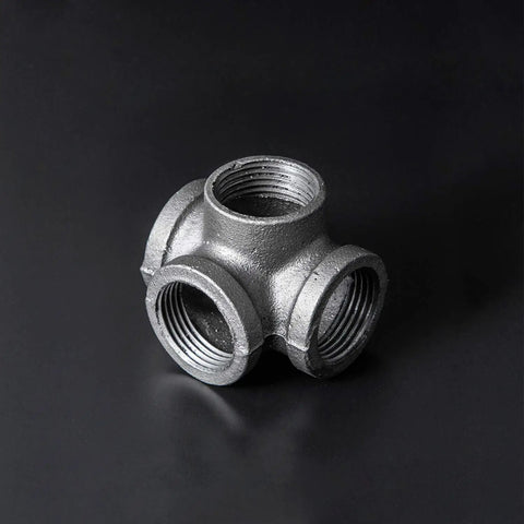 3/4 Inch 4-Way Side Outlet Tee Malleable Iron Pipe Fittings For Industrial Vintage Style Black Iron With Flange And Threaded Hole, Dope DIY Projects, Furniture Builds, And Shelving Decor
