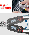 Three Eighths Inch Digital Torque Wrench With Go-To Preset Values And Six Quick Settings, 2.2 To 44.3 Ft Lbs Or 3 To 60 Nm, Buzzer And LED Alerts, with quick-release and angle display.