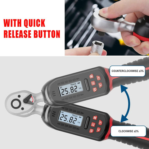 Three Eighths Inch Digital Torque Wrench With Go-To Preset Values And Six Quick Settings, 2.2 To 44.3 Ft Lbs Or 3 To 60 Nm, Buzzer And LED Alerts, with quick-release and angle display.