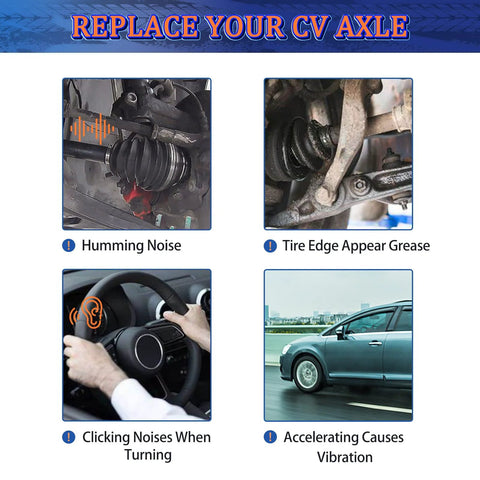 Diagram showing signs to replace CV axle: noise, grease, clicking, vibration; related to front CV axle pair for Chevy 4WD 2007-2020
