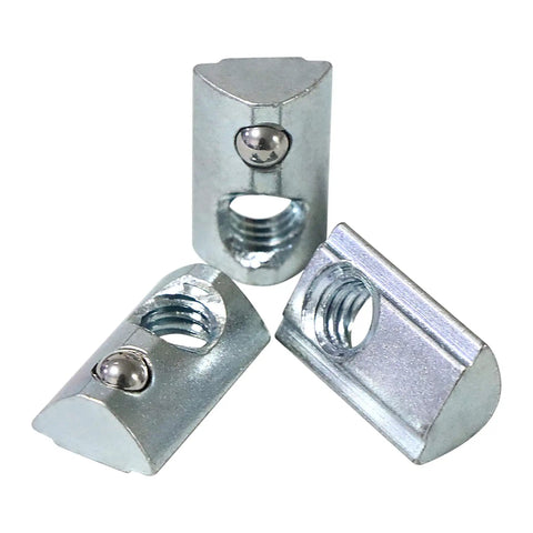 Built Like A Tank 20 Pack 5/16 18 Threaded Roll In T Nuts With Ball Spring Design Bright Zinc Coated Steel Fasteners showing three t-nuts for aluminum profiles.