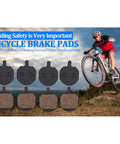4 Pairs Mountain Metallic Disc Brake Pads For Bikes, rider demonstrating smooth stops, featuring resin type material for heat dissipation.