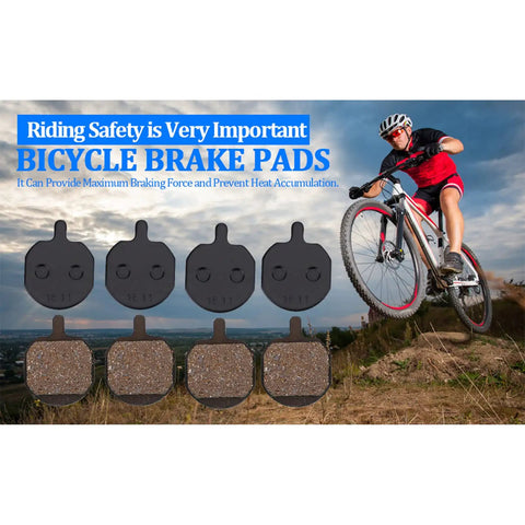 4 Pairs Mountain Metallic Disc Brake Pads For Bikes, rider demonstrating smooth stops, featuring resin type material for heat dissipation.