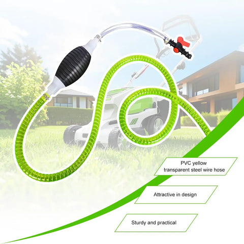 No Fuss Manual Fuel Siphon Pump For Gas Diesel And Oil Quick High Flow Transfer with yellow PVC hose and rubber bulb.